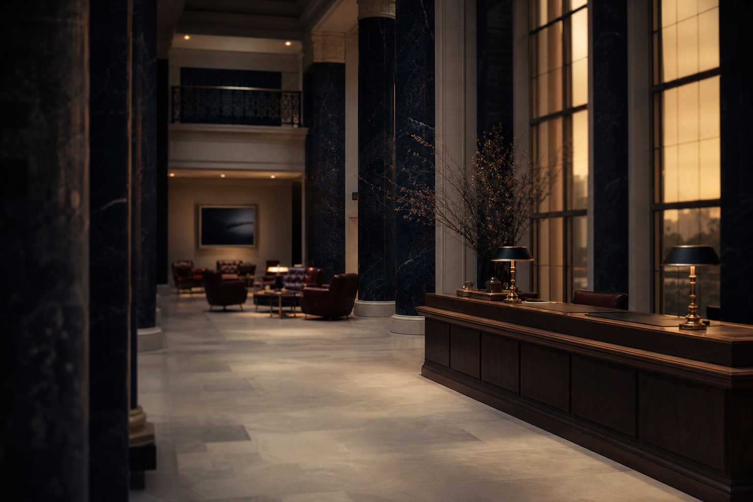 The main hall of Greyeagle Private Bank at dusk